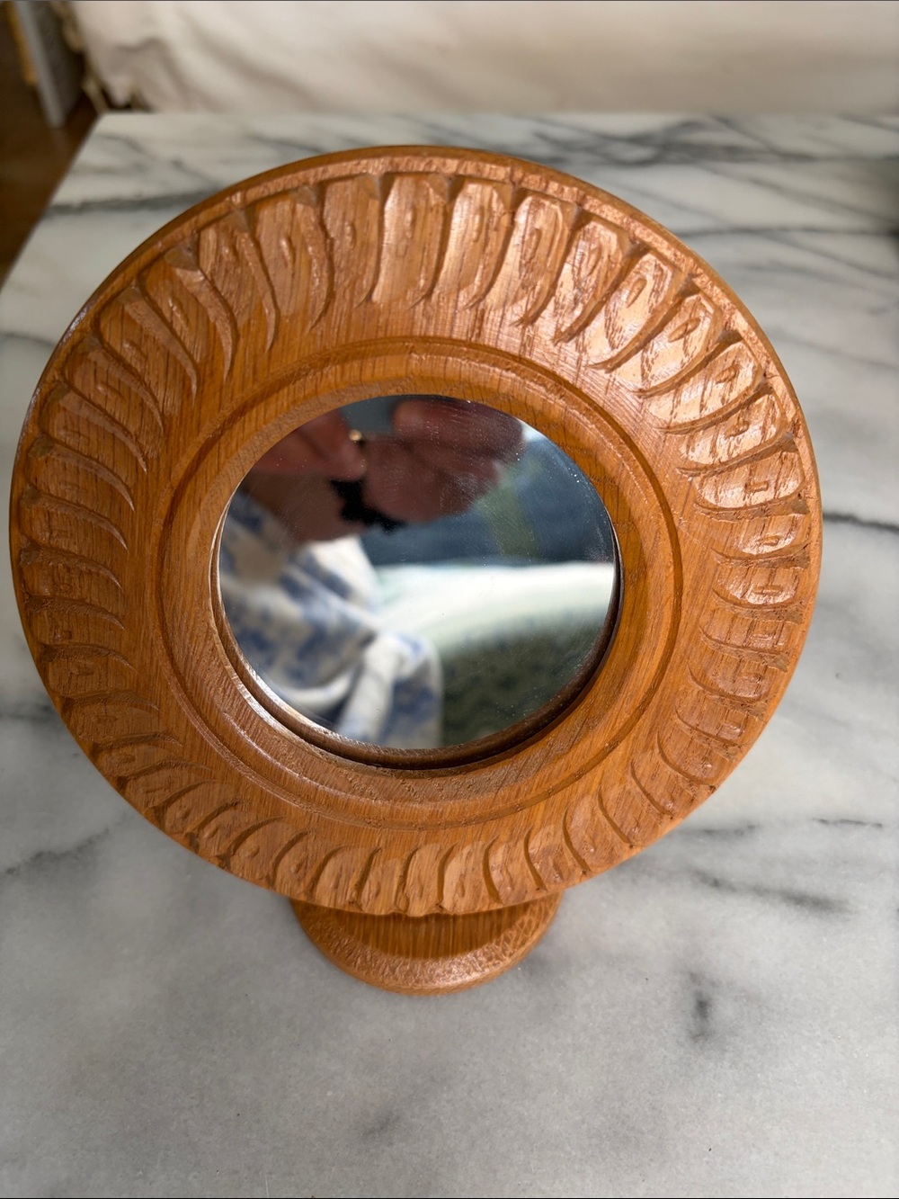MCM Scandinavian Style Carved Wood Round Table Mirror - Warm Honey Brown Vanity